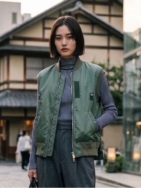 Sacai Khaki Green Nylon Twill MA-1 Flight Vest Bomber Jacket Size 3 M/L Gorpcore